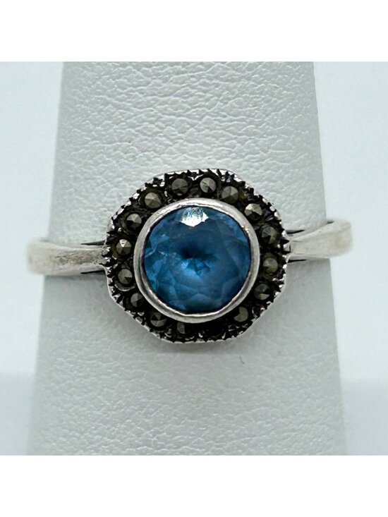 Unbranded Jewelry - Vintage 925 Sterling Silver Blue Stone & Marcasite Halo Ring Size 6